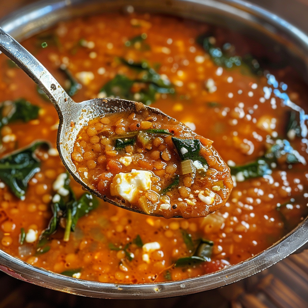 fresh ingredients for Nourishing Mediterranean Red Lentil Soup With Spinach, Lemon, And Feta: Gut-Healthy Comfort Food