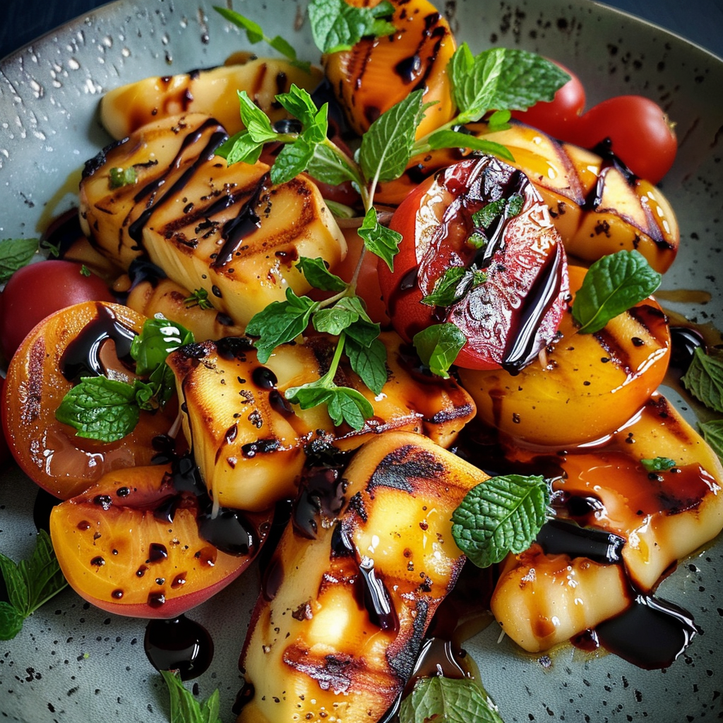 how to make Refreshing Mediterranean Grilled Peach & Halloumi Salad With Mint And Balsamic Glaze step by step