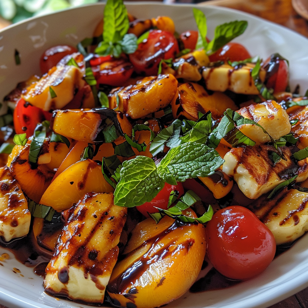 fresh ingredients for Refreshing Mediterranean Grilled Peach & Halloumi Salad With Mint And Balsamic Glaze