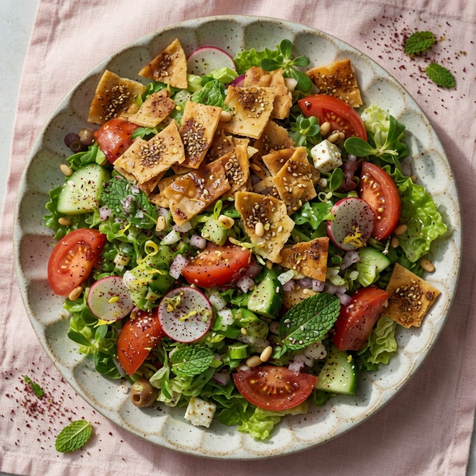 how to make Fresh Fattoush Salad With Crispy Pita Chips step by step