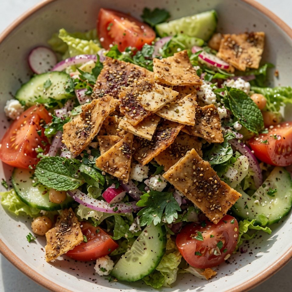 fresh ingredients for Fresh Fattoush Salad With Crispy Pita Chips