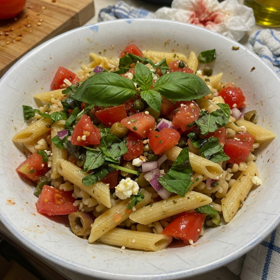 fresh ingredients for Fresh Tomato And Basil Mediterranean Pasta Toss - Our Favorite No-Fuss Summer Dinner