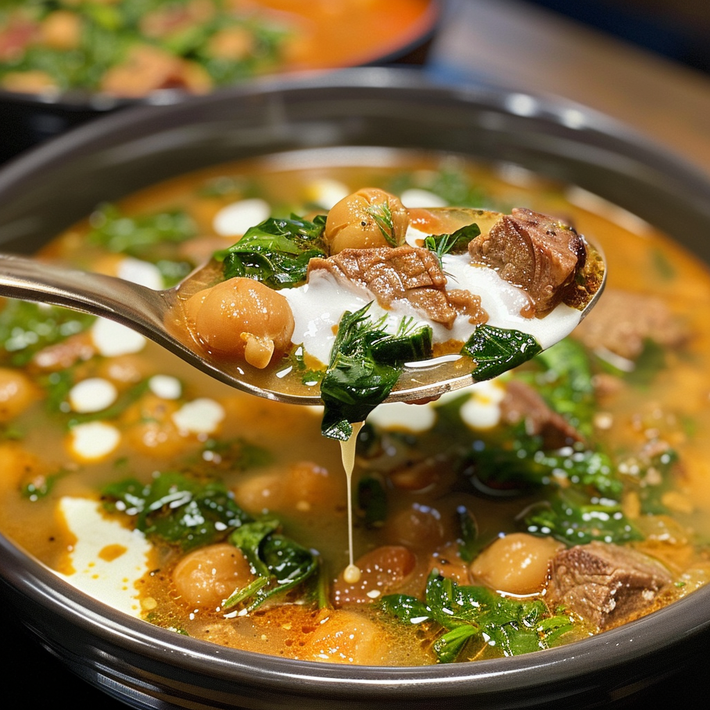 fresh ingredients for Hearty Mediterranean Lamb & Chickpea Soup With Spinach And Lemon-Dill Yogurt Swirl: Gut-Friendly Comfort
