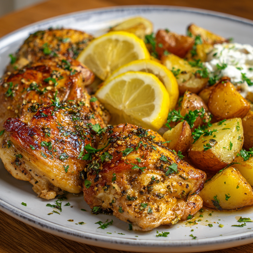 fresh ingredients for Juicy Greek Lemon Chicken With Crispy Potatoes - The Sheet Pan Dinner That Changed Everything