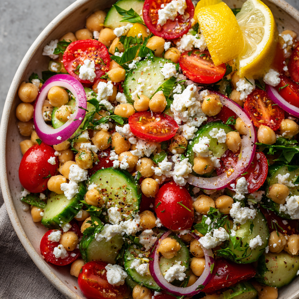 fresh ingredients for Mediterranean Chickpea Salad With Feta And Lemon — Ready In 10 Minutes, Gone In 5