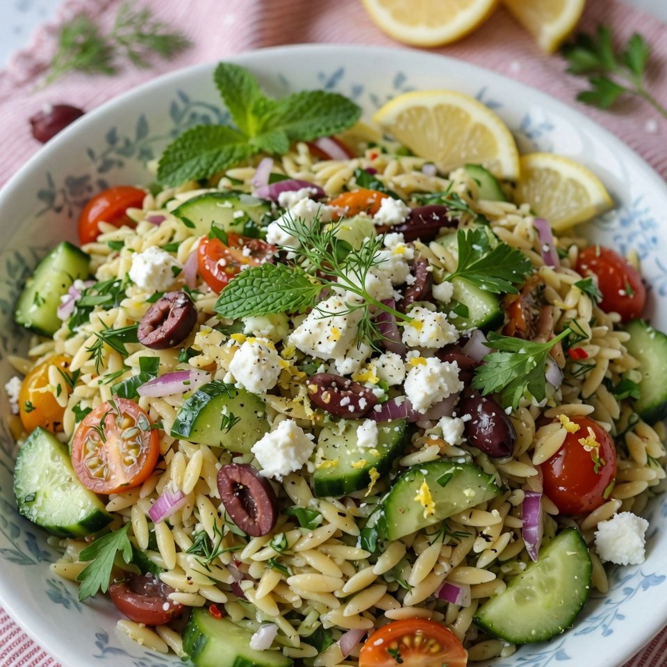 fresh ingredients for Mediterranean Orzo Salad With Cucumbers & Herbs