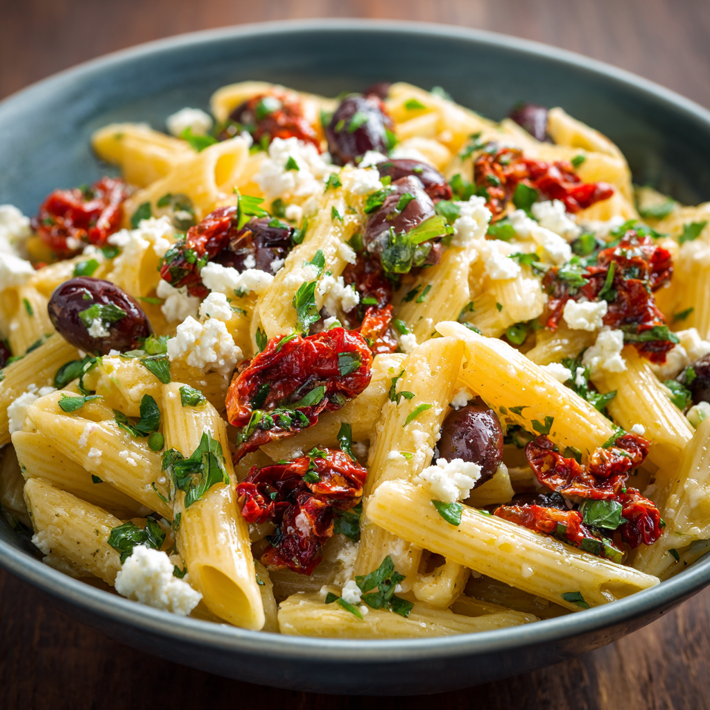fresh ingredients for This Mediterranean Pasta With Olives, Feta, And Sun-Dried Tomatoes Tastes Like The Coast