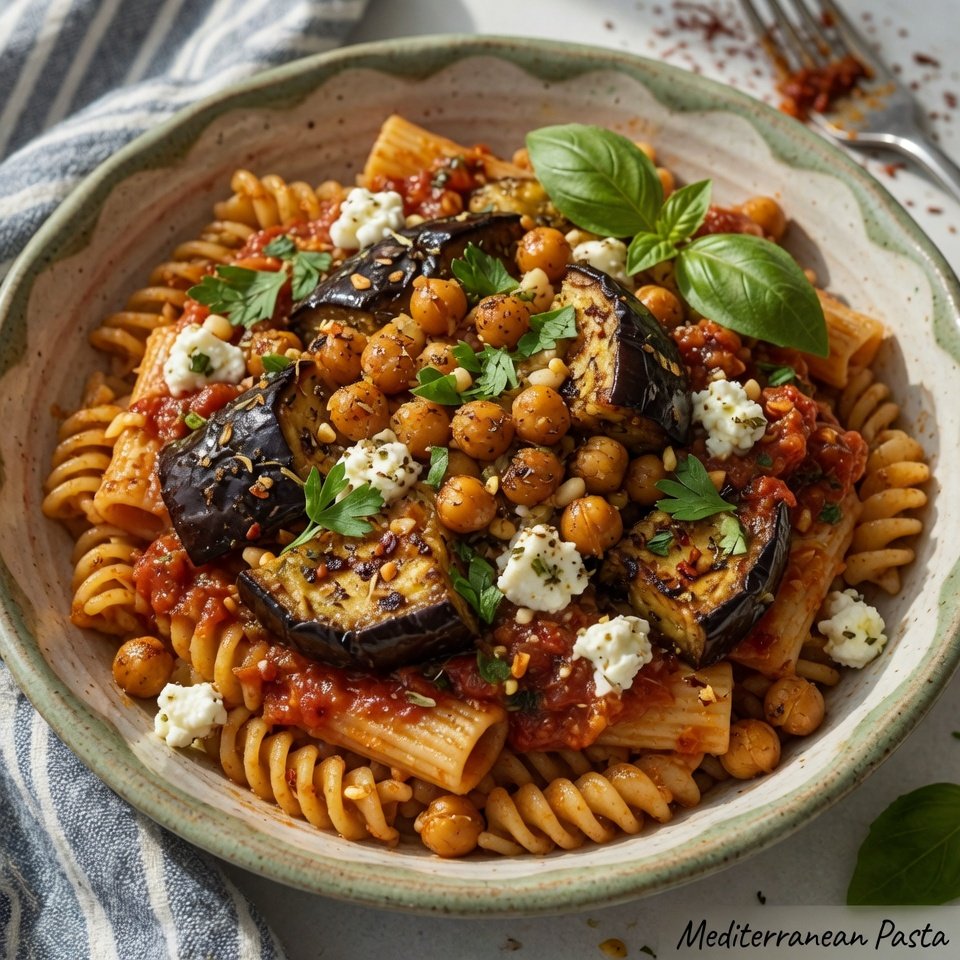 fresh ingredients for Mediterranean Roasted Eggplant & Chickpea Pasta
