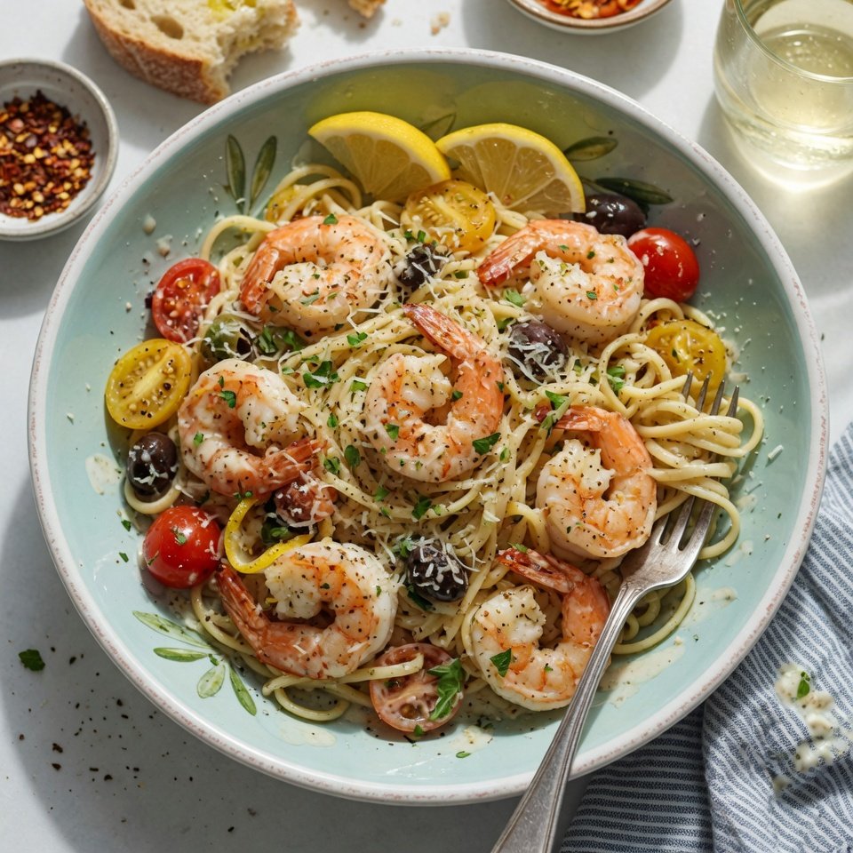 how to make The Best Mediterranean Shrimp Pasta With A Garlic White Sauce You'Ll Dream About step by step