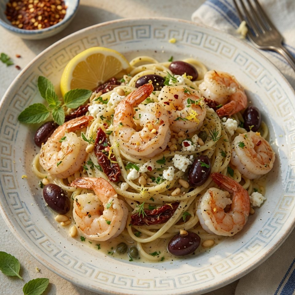fresh ingredients for The Best Mediterranean Shrimp Pasta With A Garlic White Sauce You'Ll Dream About