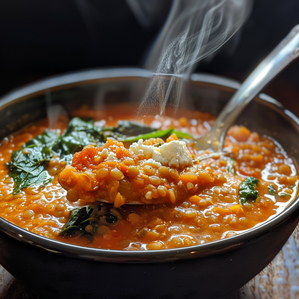 fresh ingredients for Nourishing Mediterranean Red Lentil Soup With Spinach, Lemon, And Feta: Gut-Healthy Comfort Food