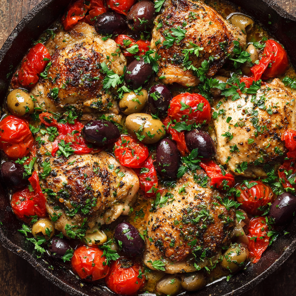 how to make One-Pan Mediterranean Chicken Thighs With Olives, Tomatoes, And Fresh Herbs step by step