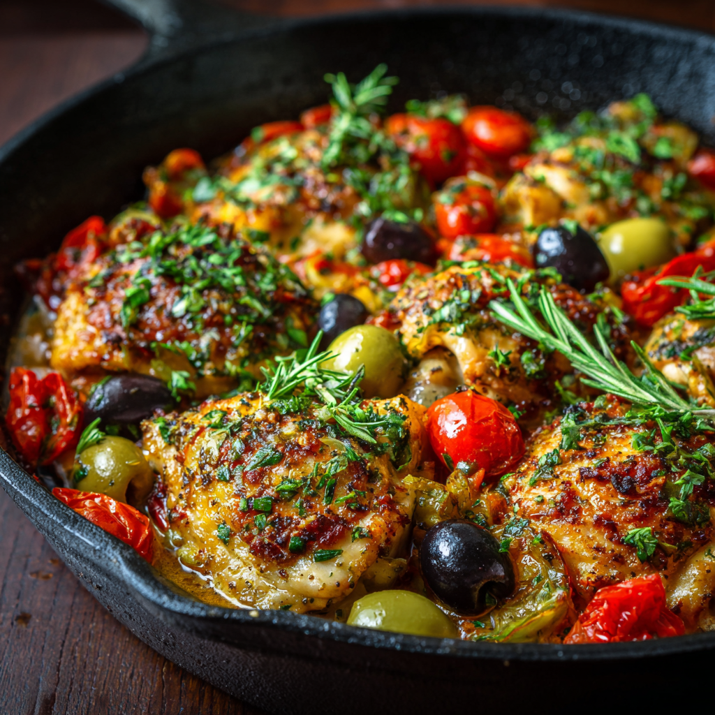 fresh ingredients for One-Pan Mediterranean Chicken Thighs With Olives, Tomatoes, And Fresh Herbs