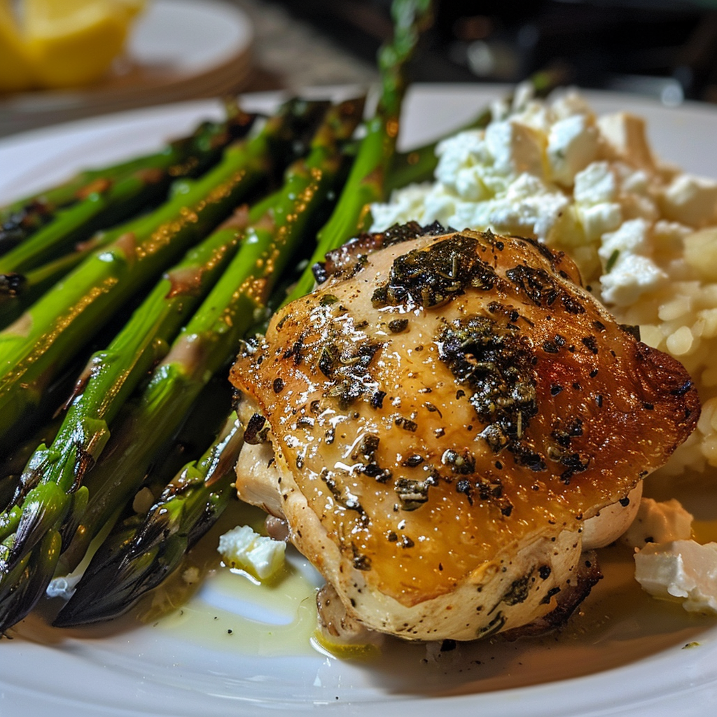 how to make One-Pan Mediterranean Lemon-Herb Chicken & Roasted Asparagus With Feta Crumbles For Easy Weeknight Dinners step by step
