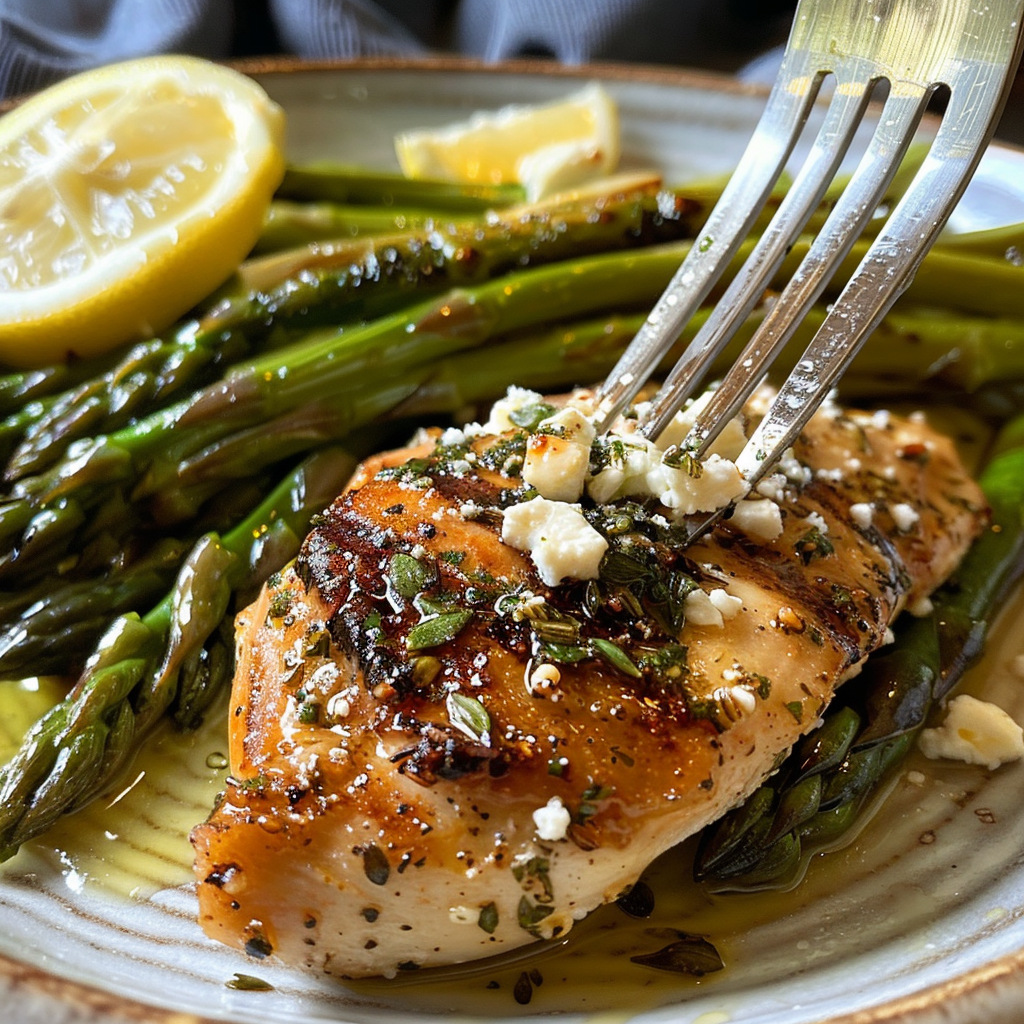 fresh ingredients for One-Pan Mediterranean Lemon-Herb Chicken & Roasted Asparagus With Feta Crumbles For Easy Weeknight Dinners
