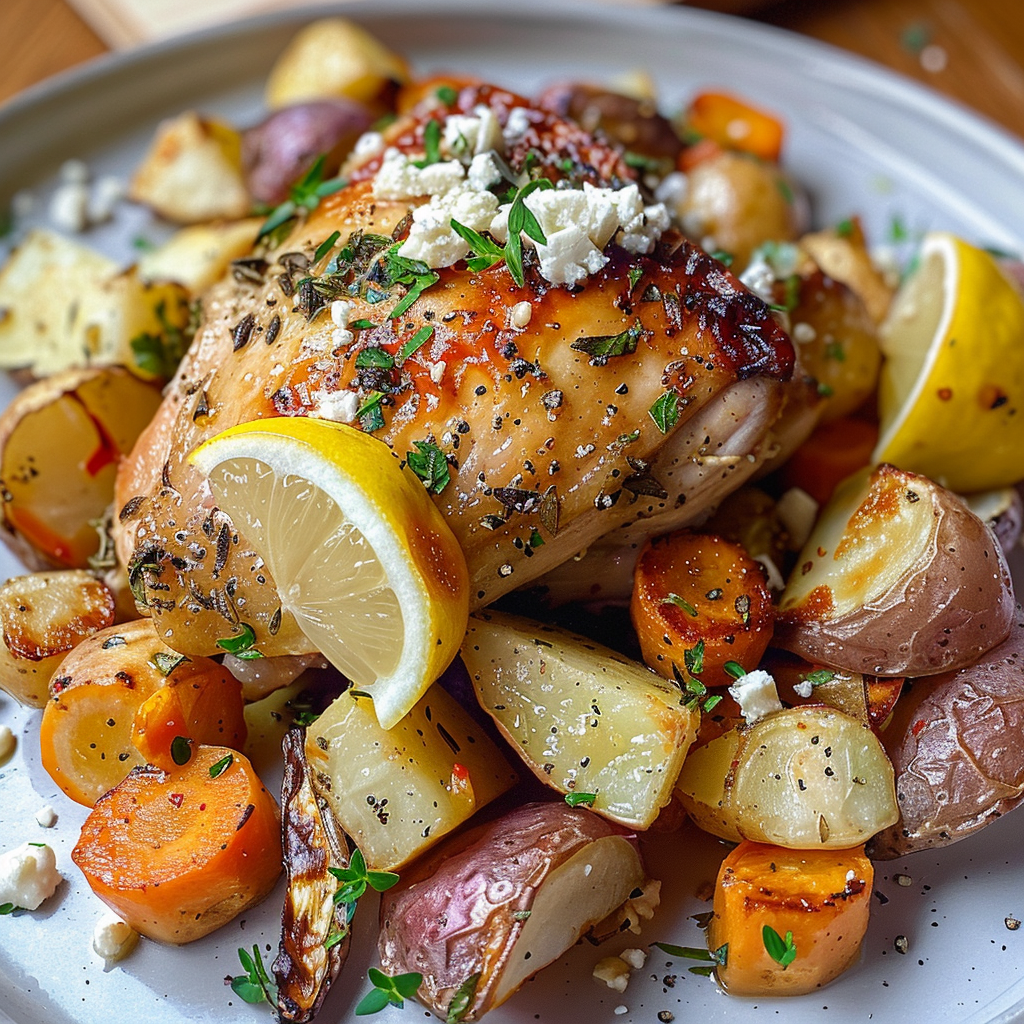 how to make One-Pan Mediterranean Lemon-Herb Chicken & Roasted Root Vegetables With Feta Crumbles For Easy Weeknight Dinners step by step