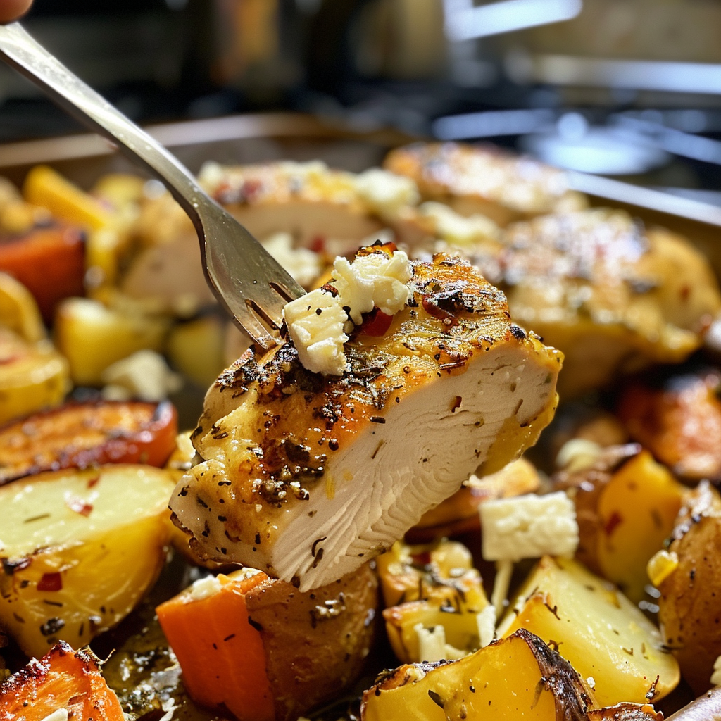 fresh ingredients for One-Pan Mediterranean Lemon-Herb Chicken & Roasted Root Vegetables With Feta Crumbles For Easy Weeknight Dinners