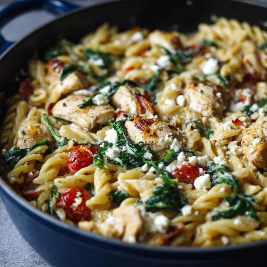 how to make One-Pot Greek Chicken Pasta With Spinach And Feta That Cooks In Under 25 Minutes step by step