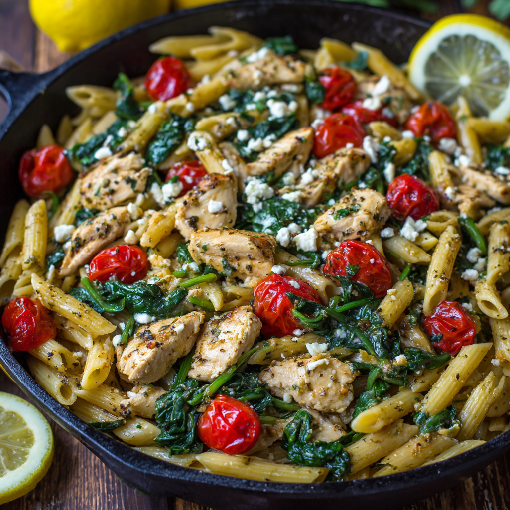fresh ingredients for One-Pot Greek Chicken Pasta With Spinach And Feta That Cooks In Under 25 Minutes