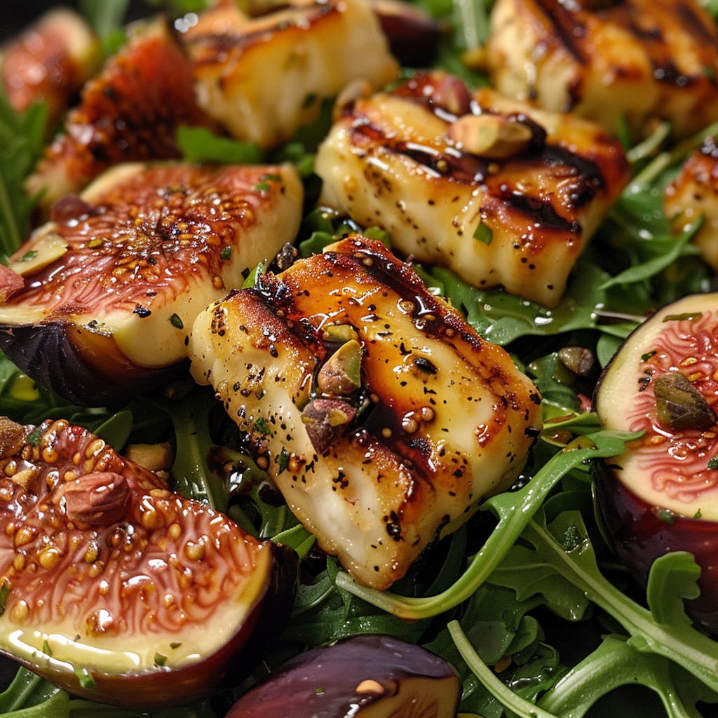 how to make Refreshing Mediterranean Grilled Halloumi & Fig Salad With Arugula, Pistachios, And Honey-Balsamic Glaze step by step