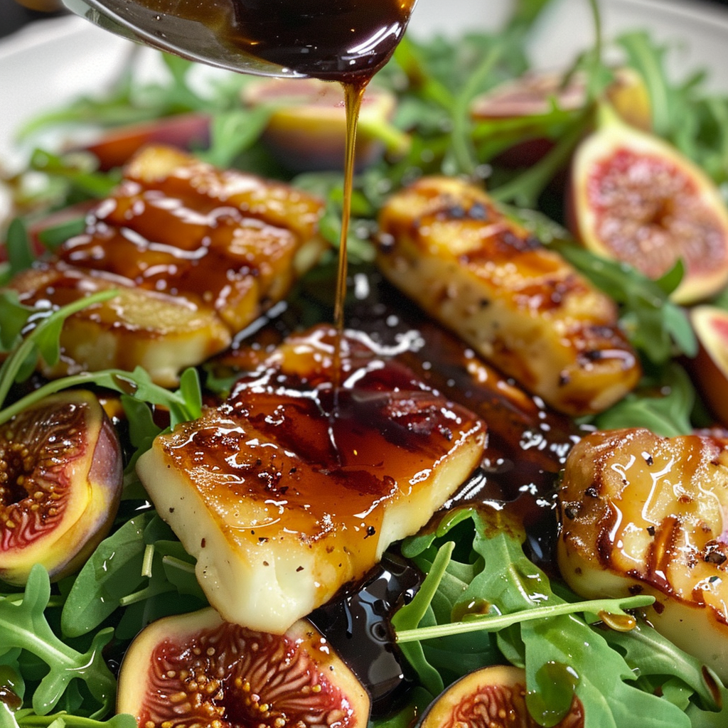 fresh ingredients for Refreshing Mediterranean Grilled Halloumi & Fig Salad With Arugula, Pistachios, And Honey-Balsamic Glaze