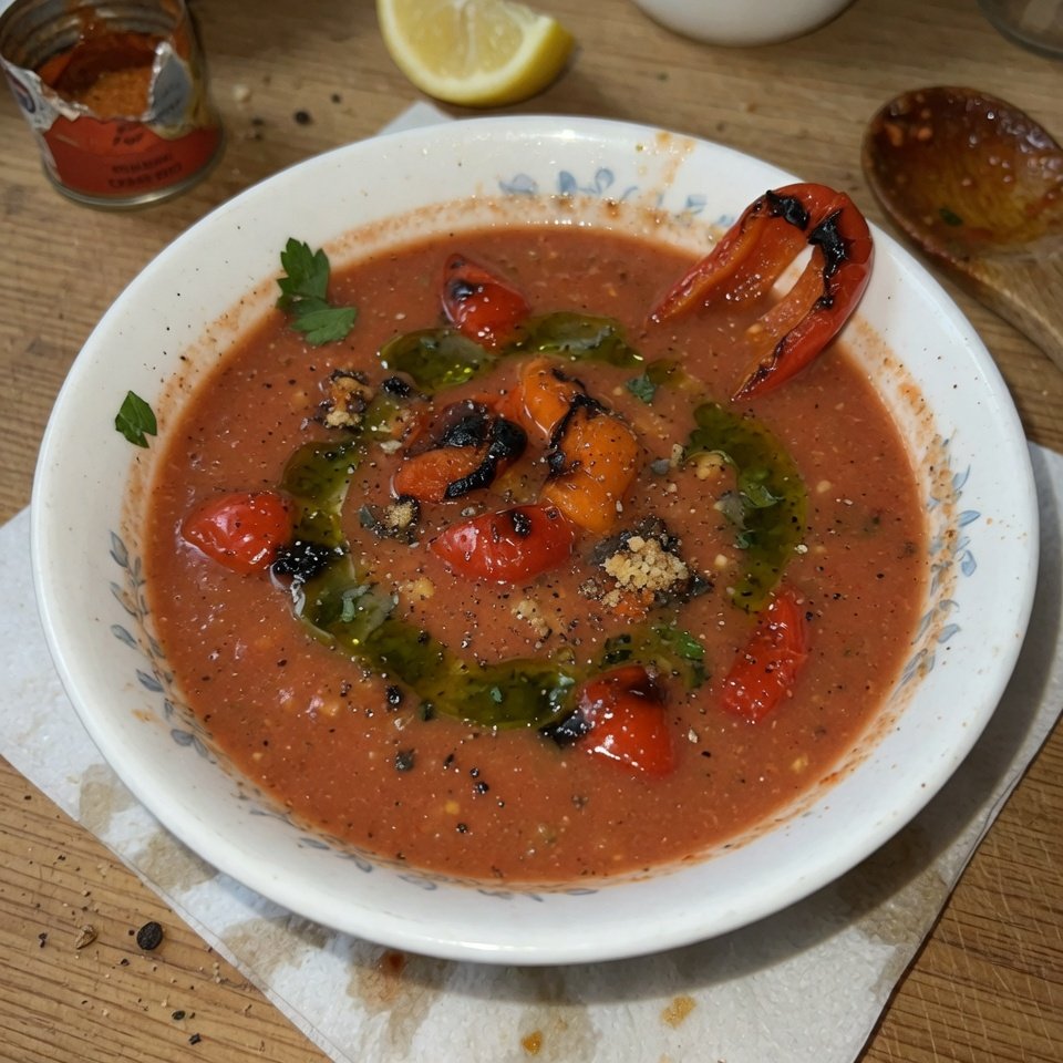 fresh ingredients for Smoky Spanish Gazpacho With Roasted Peppers