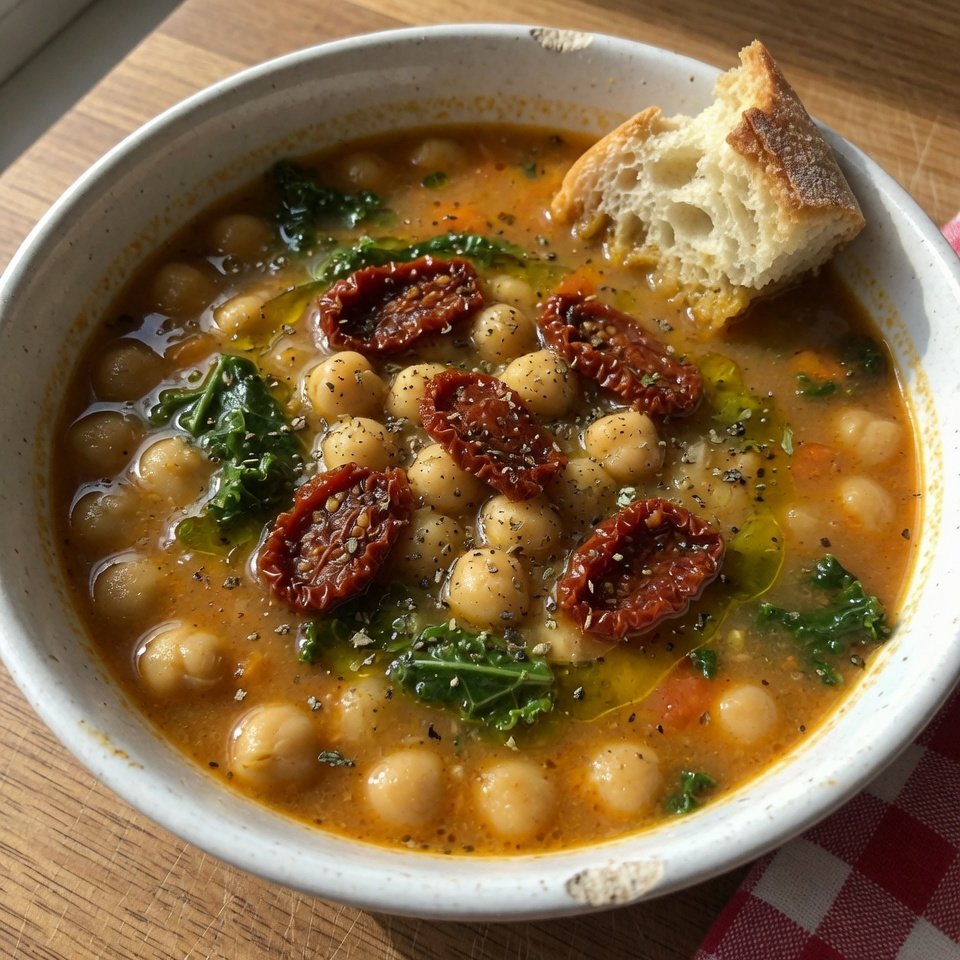 fresh ingredients for Tuscan Chickpea Soup With Sun-Dried Tomatoes