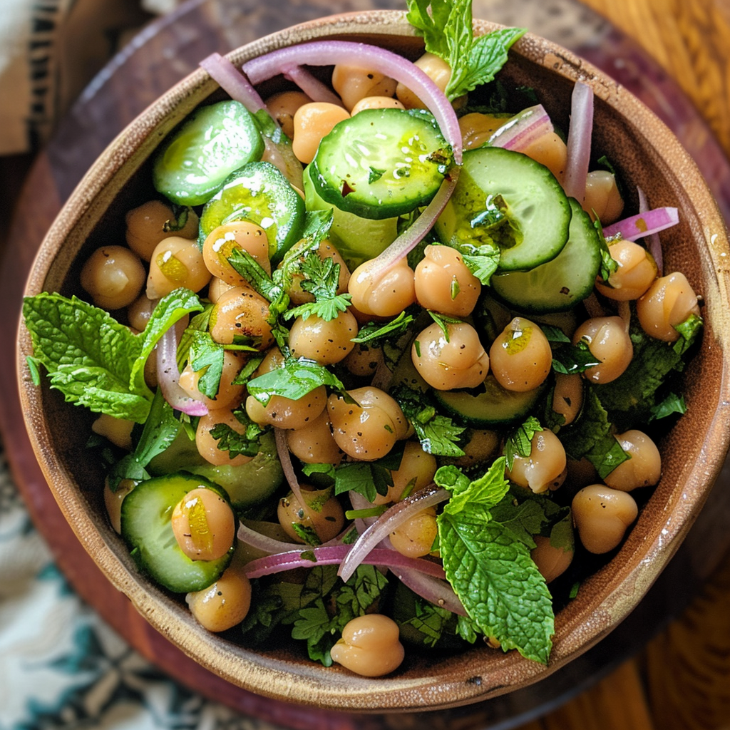 fresh ingredients for Vibrant Mediterranean Chickpea And Cucumber Salad With Fresh Herbs And Tangy Lemon Vinaigrette
