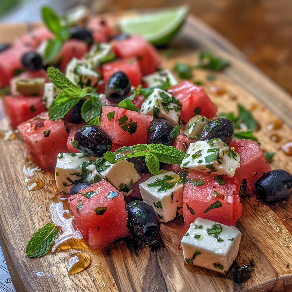 how to make Vibrant Mediterranean Watermelon & Feta Salad With Kalamata Olives & Mint-Lime Vinaigrette (Mediterranean Salad) step by step