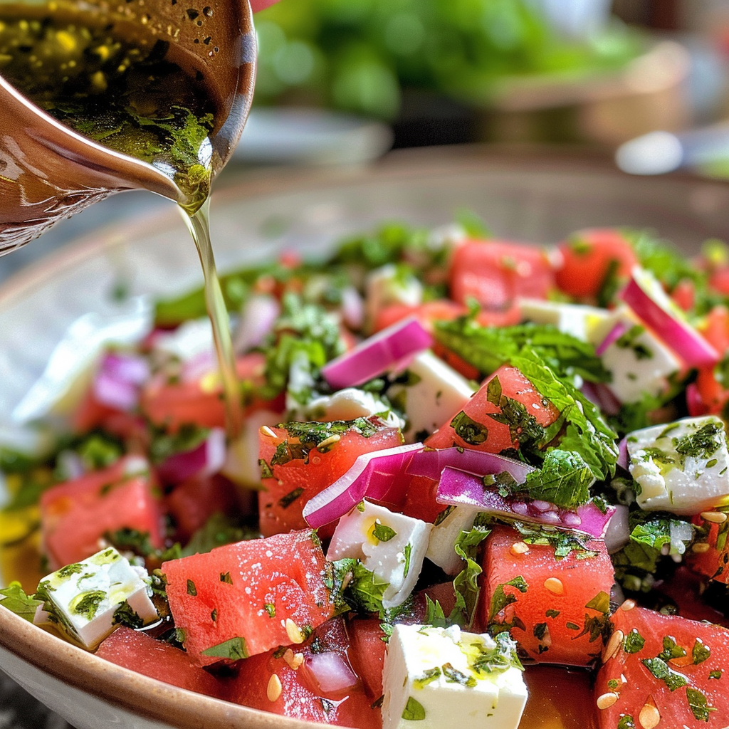 fresh ingredients for Vibrant Mediterranean Watermelon & Feta Salad With Kalamata Olives & Mint-Lime Vinaigrette (Mediterranean Salad)